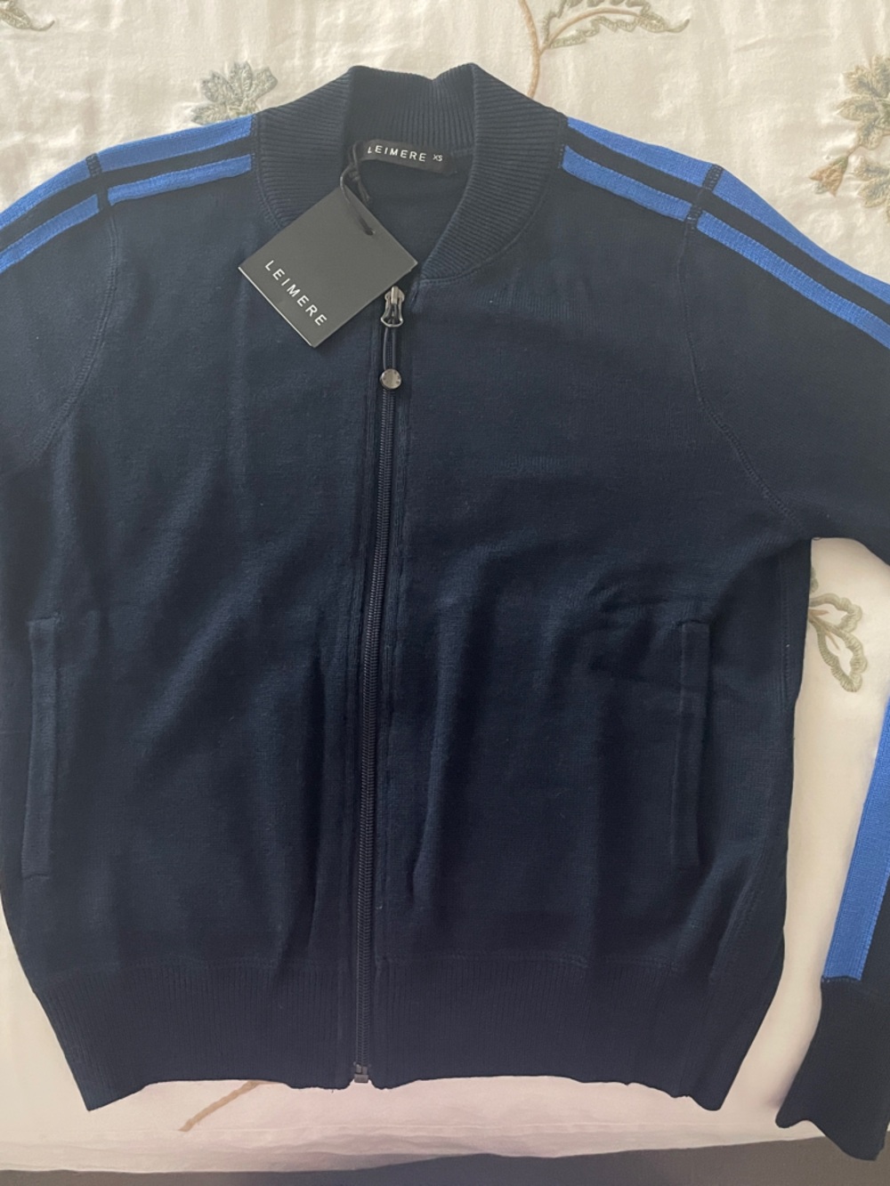Leimere Navy Zip-Front Cardigan with Royal Blue Stripe size XS